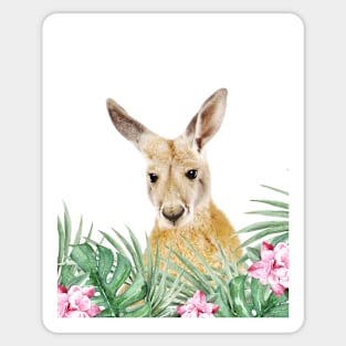 Kangaroo, Tropical leaves and flowers, Animal, Nursery, Trendy decor, Interior Art Print Sticker